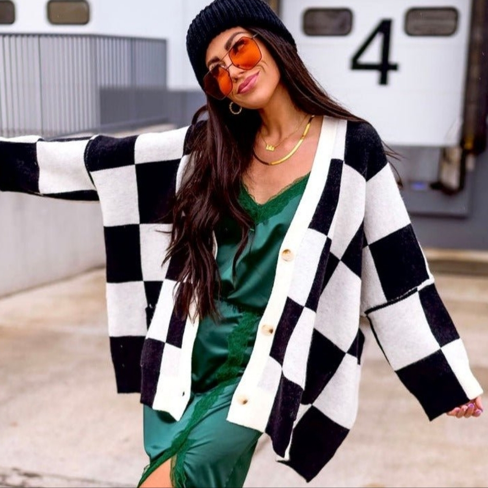 Dressed in LALA ✨ Love You Oversized Checkerboard Cardigan in Black + White